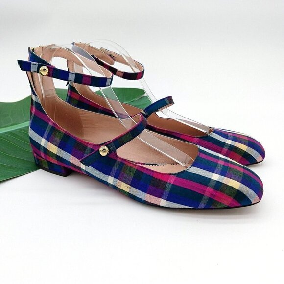 J Crew Poppy Plaid 2 Ankle Strap Ballet Flats Size 8 Purple Madras Rare Festive - Picture 1 of 7